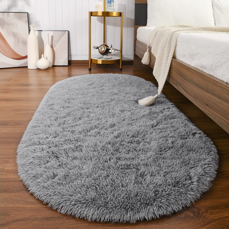 Softlife Fluffy Rugs for Bedroom, Shag Cute Area Rug for Girls and Kids Baby Room Home Decor, 2.6 x 5.3 Feet Oval Indoor Carpet for Nursery Dorm Living Room, Grey - Image 1